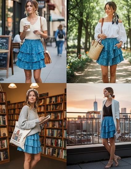 Blue Floral Tiered Skirt With Elastic Waist And Lining Shorts imagen 6